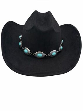 Western hat cowboy cowgirl micro suede Bohemian chain band turquoise NWT black